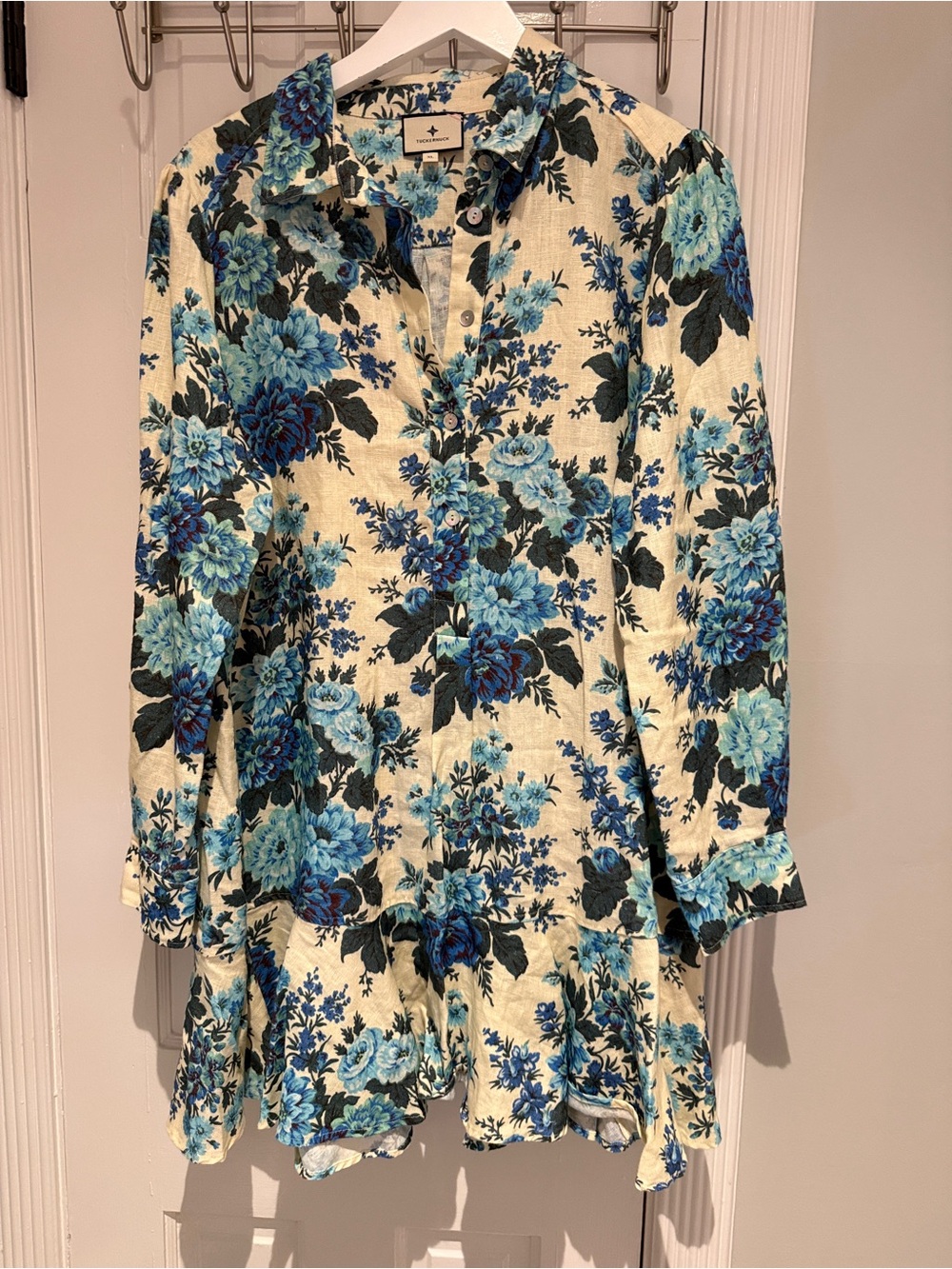 Tuckernuck Linen Floral Ruffle Skirt Blue Cream Dress NWOT XL